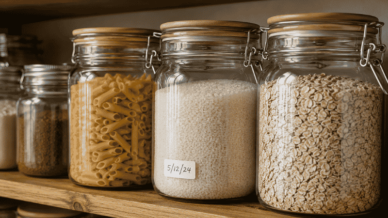 Clear airtight glass containers storing dry pasta, rice, and oats on a pantry shelf with handwritten date labels for food storage tracking