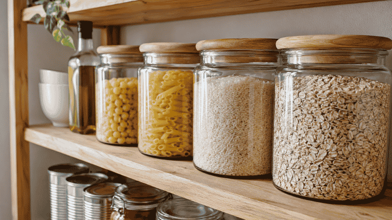 Organized kitchen pantry shelf with glass jars of pasta, rice, canned beans, and olive oil — a practical pantry staples list for families
