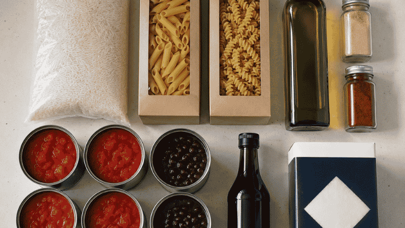 Budget-friendly pantry starter pack showing rice, pasta, canned beans, olive oil, and spices — essential pantry staples for under $50
