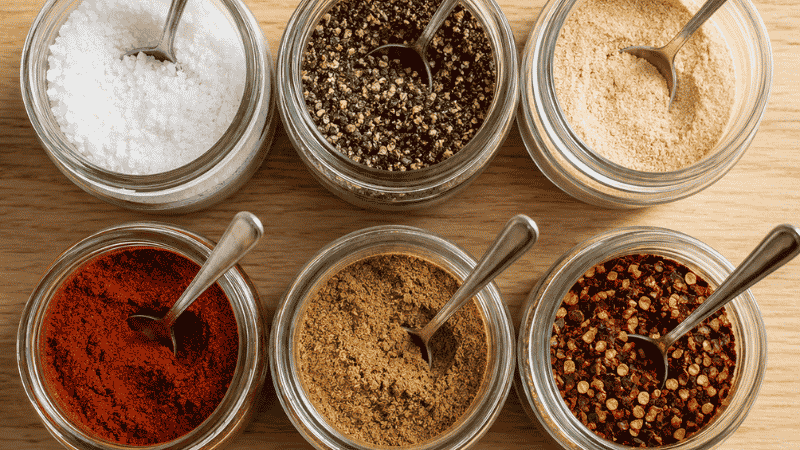 Six essential pantry spices laid out flat: kosher salt, black pepper, garlic powder, smoked paprika, ground cumin, and red pepper flakes