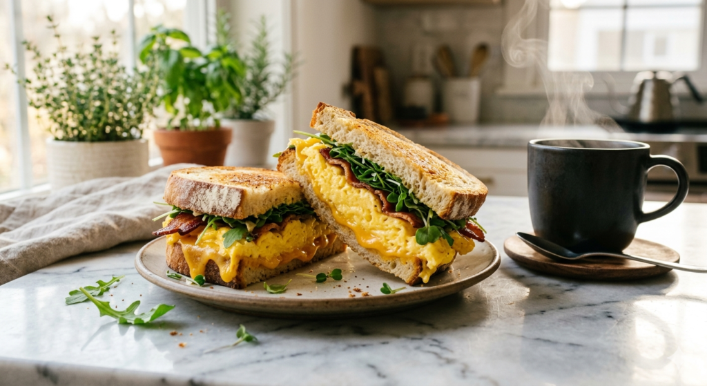 A high-protein breakfast sandwich with runny egg, avocado, and fresh greens on sourdough.