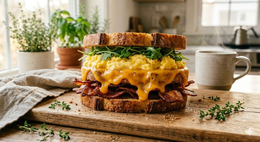 Layering ingredients for a homemade breakfast sandwich with melted cheese and crispy bacon.
