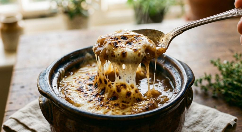 A perfect cheese pull from a bowl of easy french onion soup.