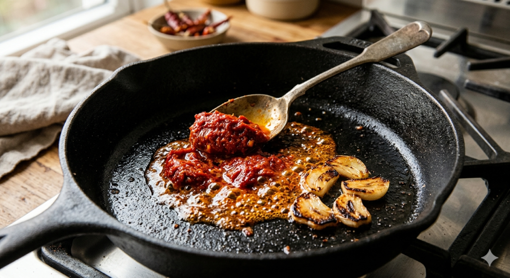 Melting spicy 'nduja sausage in a pan to create a vibrant pasta sauce base.