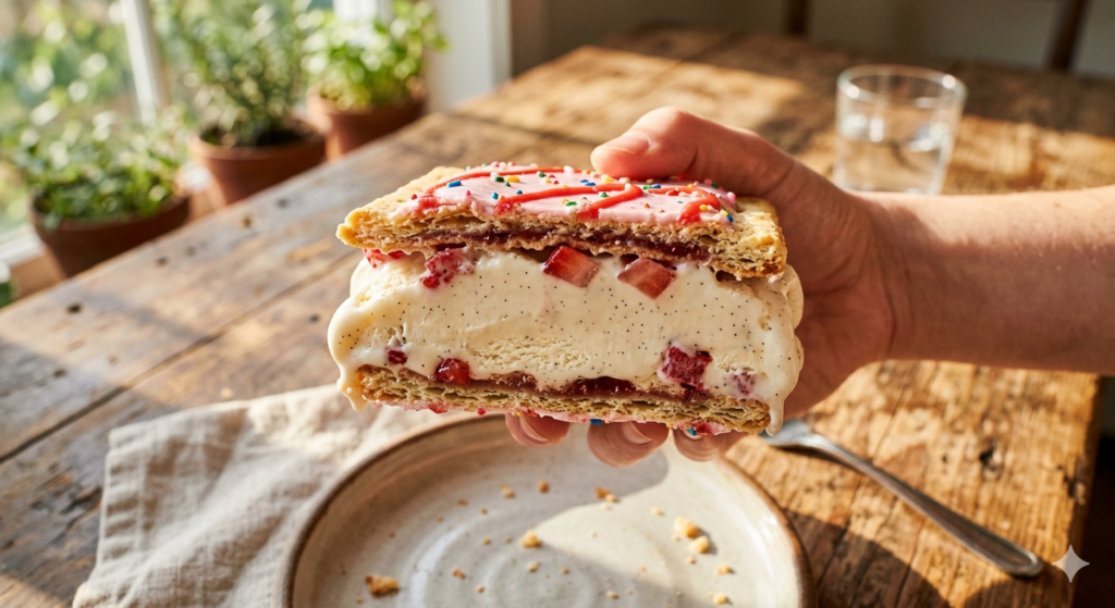 A professional side-profile shot of a strawberry pop tart ice cream sandwich with premium vanilla bean filling.