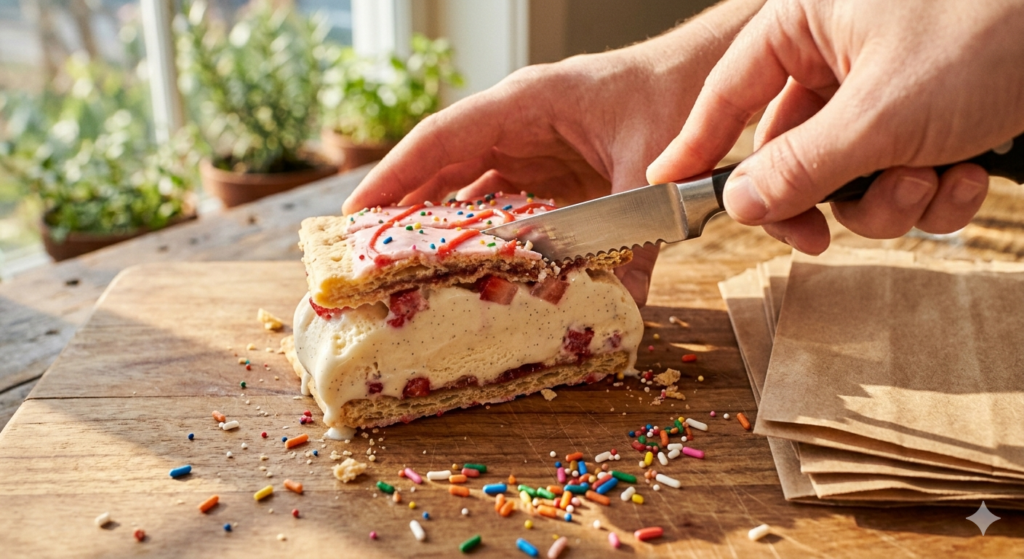 Cutting a freshly assembled pop tart ice cream sandwich with a serrated knife.