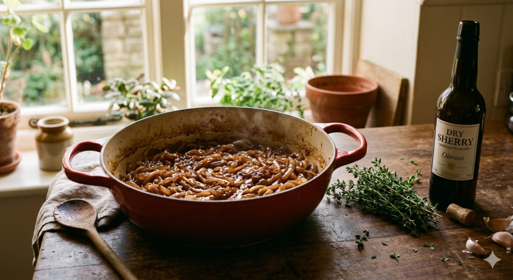 Stirring a thick, glossy gourmet meat sauce for sloppy joe recipes in a cast iron skillet.