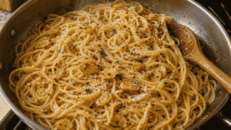 Garlic butter pasta in a skillet — a cheap easy family meal ready in 15 minutes for under $0.90 per serving with golden garlic and Parmesan