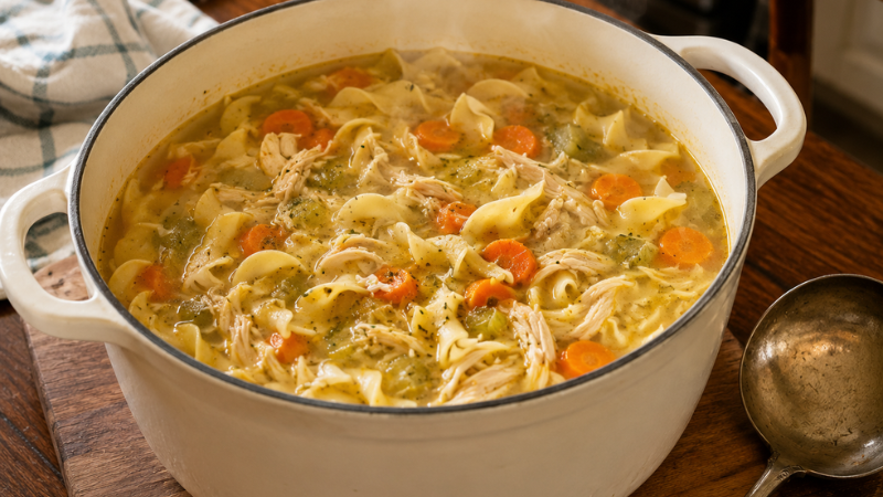 Homemade chicken noodle soup in a large pot — a cheap easy family meal ready in 30 minutes with shredded chicken, egg noodles, and vegetables in golden broth