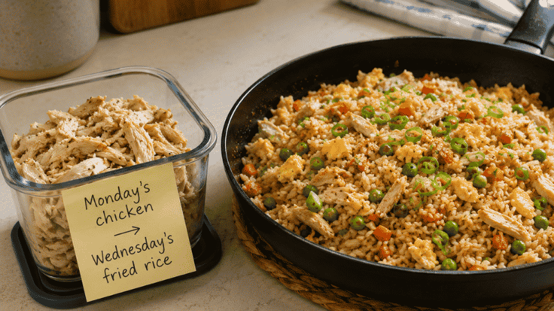 Smart leftover repurposing for cheap easy family meals: glass container of leftover shredded chicken beside a skillet of fried rice, with a handwritten note showing meal planning