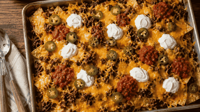 Sheet pan nachos fresh from the oven with melted cheddar, seasoned ground beef, sour cream, and salsa — a cheap easy family meal picky eaters always love