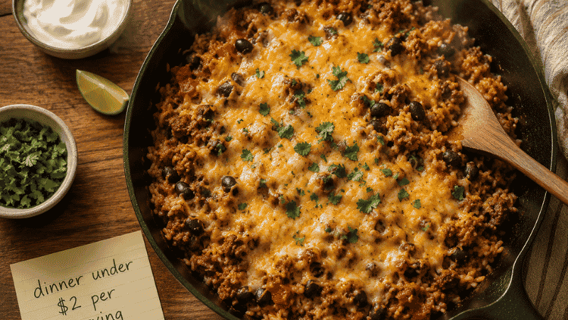 Cheap easy meal for family — taco rice skillet with melted cheese in a pan, a complete budget dinner under $2 per serving for a family of four