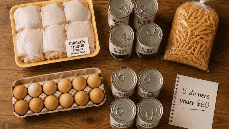Five budget grocery ingredients for cheap family meals laid flat: chicken thighs, canned beans, pasta, eggs, and canned tomatoes — enough for 5 dinners under $60
