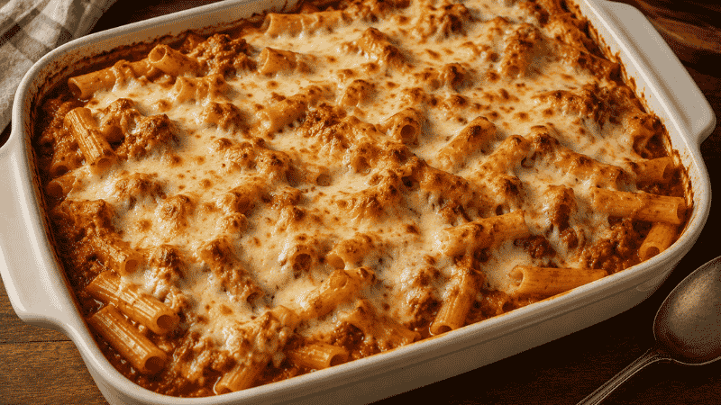 Baked ziti with bubbling mozzarella fresh from the oven — a cheap family pasta meal that feeds six people for about $12 total