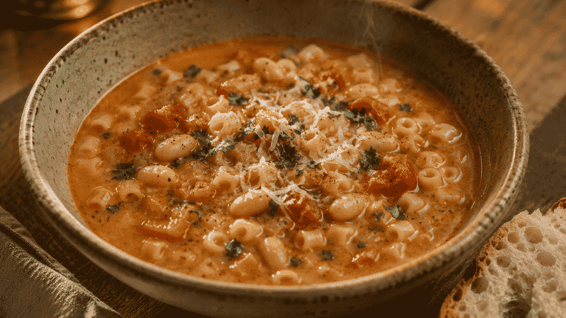 A bowl of pasta e fagioli — cheap family meal made with canned beans, diced tomatoes, and pasta for about $1.40 per serving