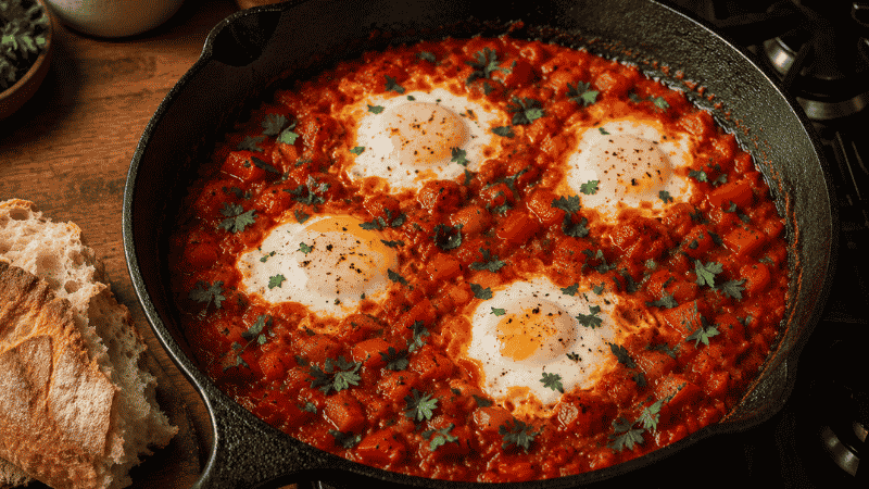 Shakshuka in a cast iron skillet — eggs poached in tomato sauce, a cheap family meal under $1.50 per serving that feeds four people