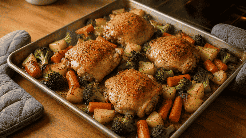 Sheet pan chicken thighs with roasted broccoli, carrots, and potatoes — a cheap family meal under $2 per serving straight from the oven