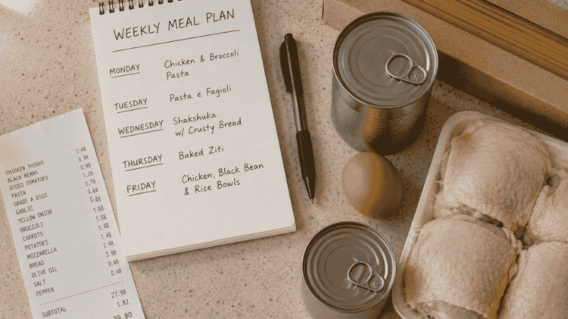 Handwritten weekly dinner plan notepad showing 5 nights of cheap family meals beside a grocery receipt and budget ingredients on a kitchen counter