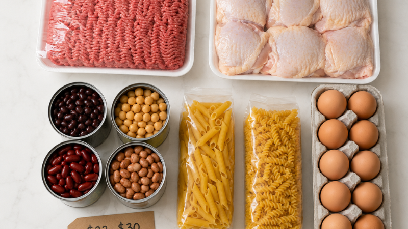 Five budget anchor ingredients for cheap family meals: ground beef, chicken thighs, canned beans, pasta, and eggs — a week of dinners for $22 to $30 at Walmart or Aldi