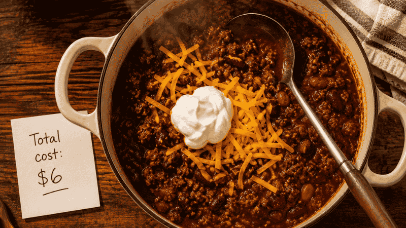 A pot of homemade beef and bean chili topped with cheddar and sour cream — a cheap meal for family that costs under $6 total for four people