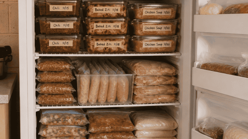 Well-organized home freezer with labeled meal containers and portioned proteins — the big family freezer system for making cheap batch-cooked meals available all month