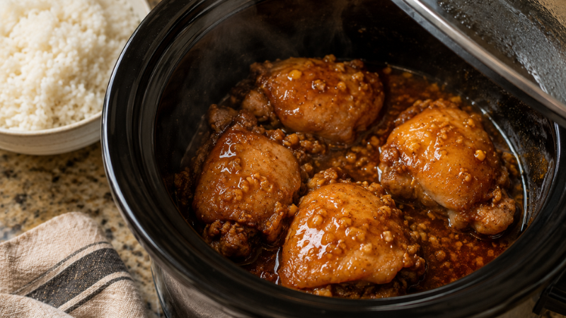 Slow cooker honey garlic chicken thighs in glossy amber sauce — a cheap family meal that cooks itself in 4 to 6 hours for under $8 total