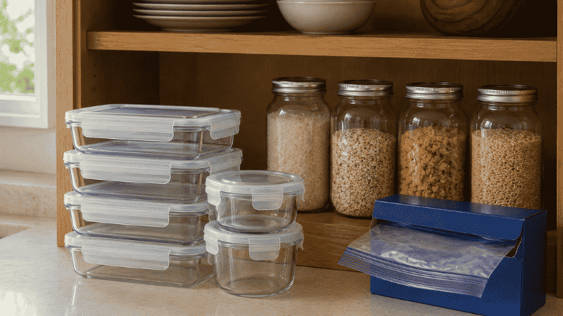 Kitchen food storage essentials: rectangular glass containers, Mason jars filled with rice and oats, and zip-top freezer bags organized on a pantry shelf