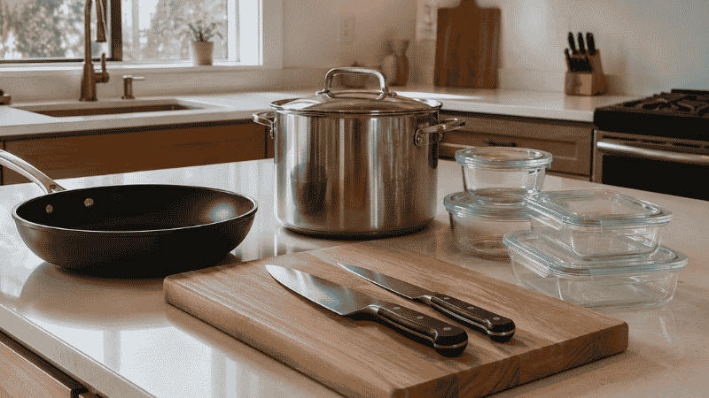 Kitchen essentials list laid out on a counter: non-stick skillet, stock pot, chef's knife, and glass food storage containers for a real family kitchen