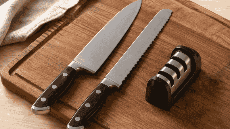 Two essential kitchen knives — an 8-inch chef's knife and a serrated bread knife — laid on a wooden cutting board with a knife sharpener beside them