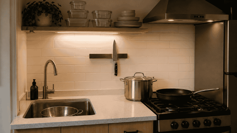 A small apartment kitchen organized with only the essentials: one skillet, stock pot, chef's knife, colander, and glass storage containers — a minimal but functional setup