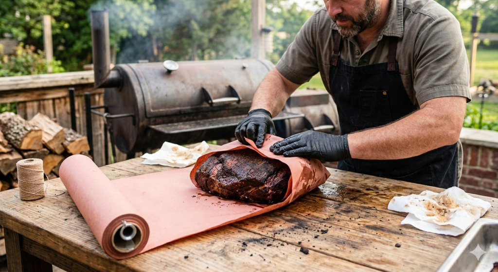 Wrapping a pork shoulder in butcher paper to speed up cooking.