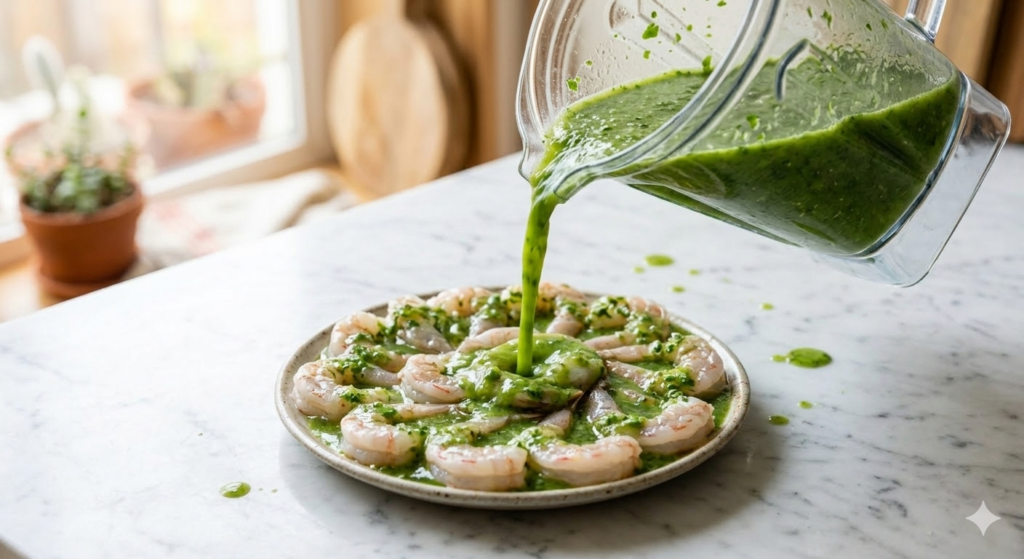 Pouring the spicy lime and cilantro marinade over butterflied shrimp for an aguachile recipe.