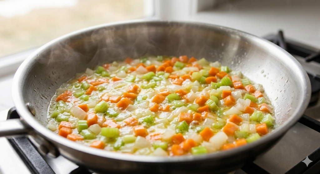 Sweating vegetables in grass-fed butter for a healthy French mirepoix recipe.