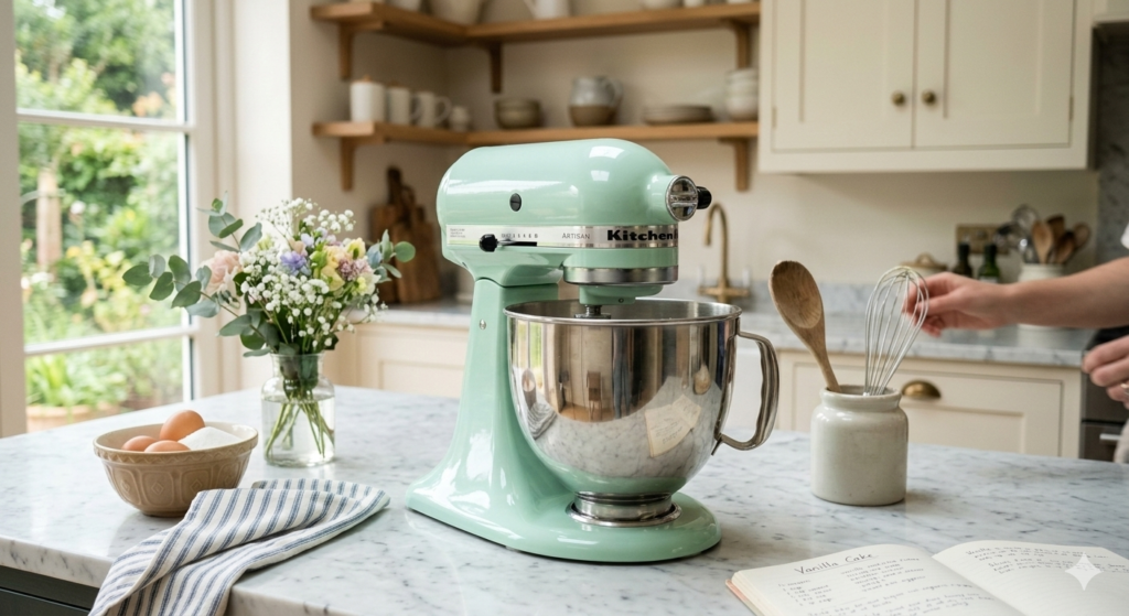 A beautiful stand mixer in a modern kitchen setting.