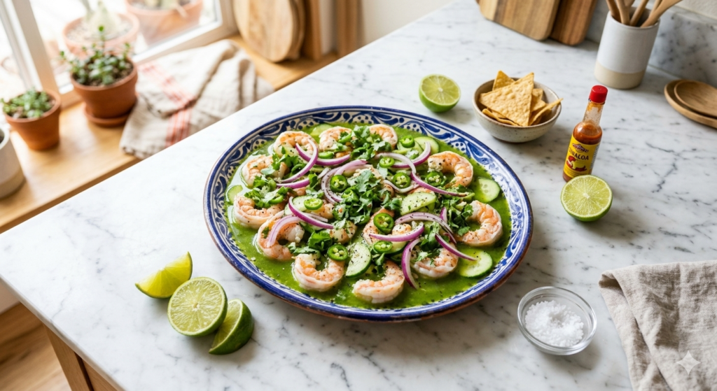 A vibrant and healthy shrimp aguachile platter served on a marble countertop.