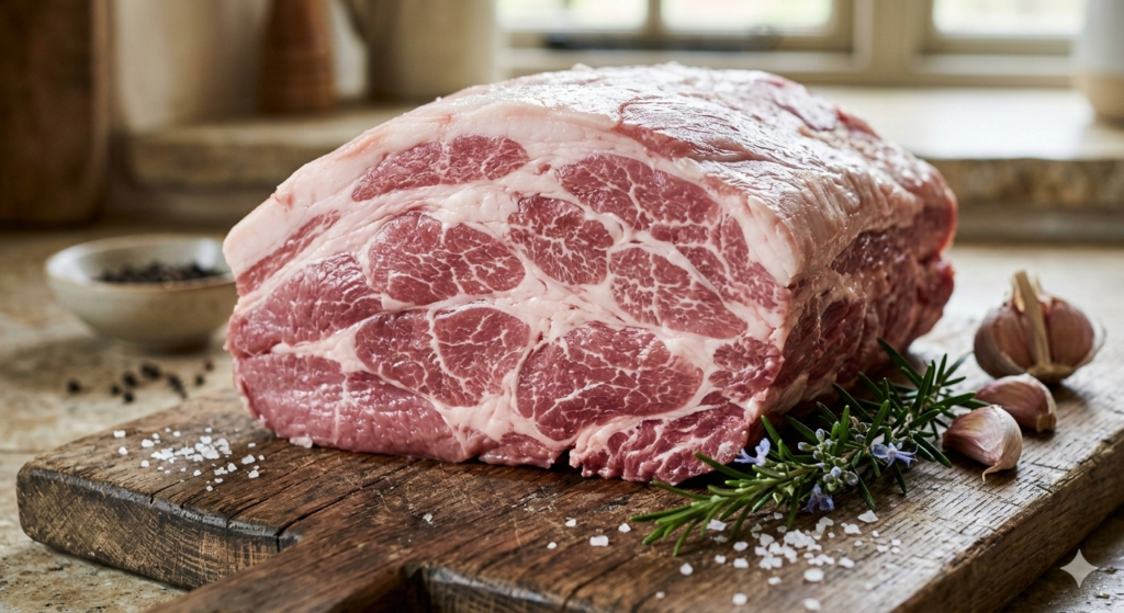 Raw bone-in pork shoulder roast on a wooden board with garlic and herbs.