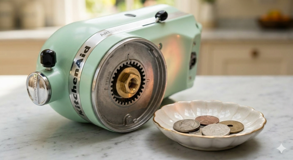 Step-by-step guide on how to adjust a KitchenAid stand mixer using the Dime Test.