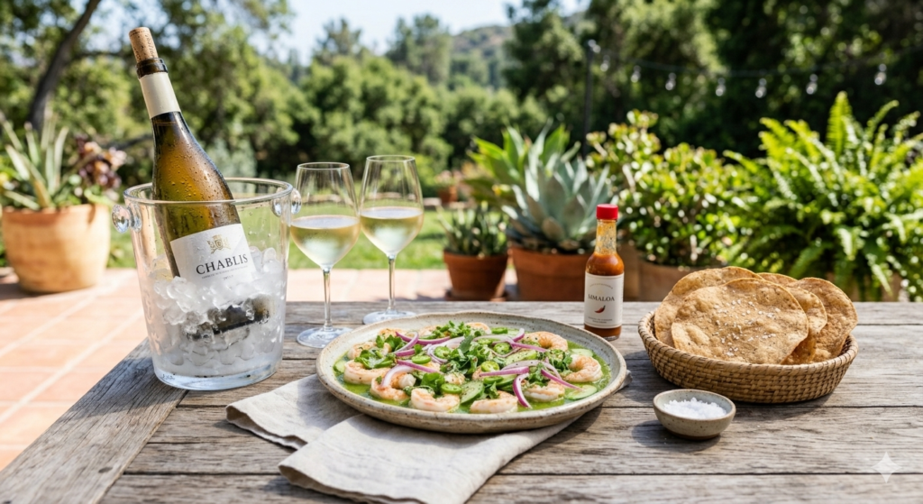 A healthy lifestyle lunch featuring shrimp aguachiles and white wine.