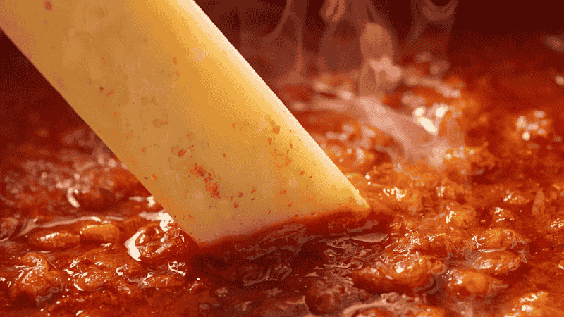 Close-up shot of a hand dropping a hard Parmesan cheese rind into a simmering pot of tomato pasta sauce to add umami and depth.