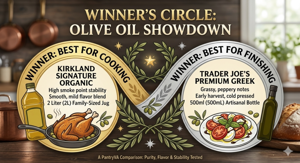 Infographic showing Kirkland Organic as Best for Cooking and Trader Joe's Greek as Best for Finishing olive oil.
