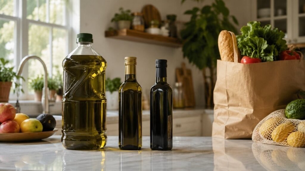 Best Costco olive oil bottles on a kitchen counter for comparing everyday cooking and finishing oils