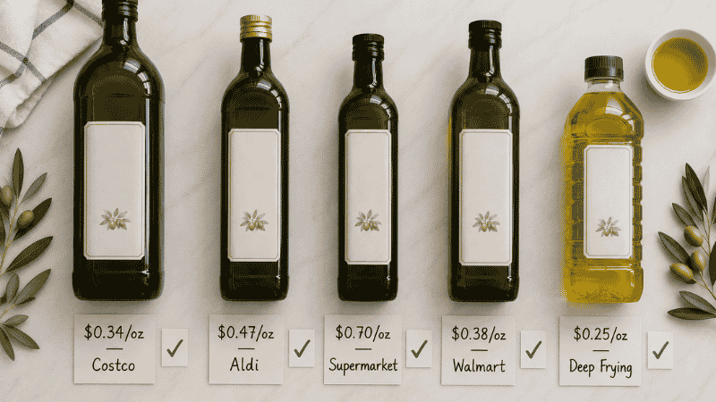 Five olive oil bottles with price-per-ounce tags from $0.25 to $0.70 representing Costco, Aldi, and supermarket options with quality checkmark cards — best budget olive oils for cooking ranked by price and value