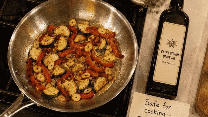 Skillet with sautéing garlic and vegetables in extra virgin olive oil at controlled heat beside a dark glass EVOO bottle with a myth debunked card — the best olive oil for cooking guide