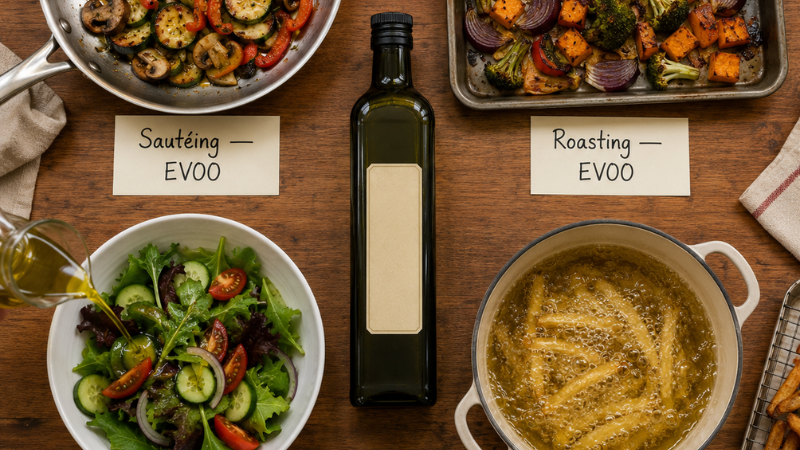Four cooking scenario quadrants showing EVOO for sautéing and roasting, best EVOO for finishing salads, and regular olive oil for deep frying — the complete guide to matching olive oil to every cooking method