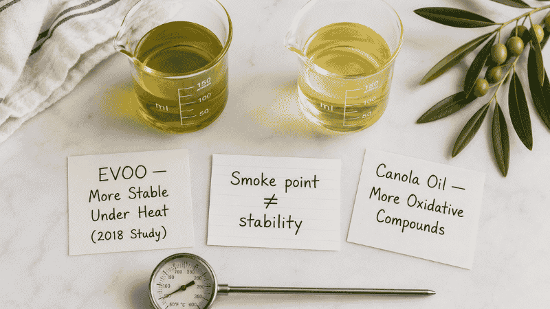 Two beakers of EVOO and canola oil side by side with labels showing EVOO is more stable under heat based on 2018 research and a notecard saying smoke point does not equal stability