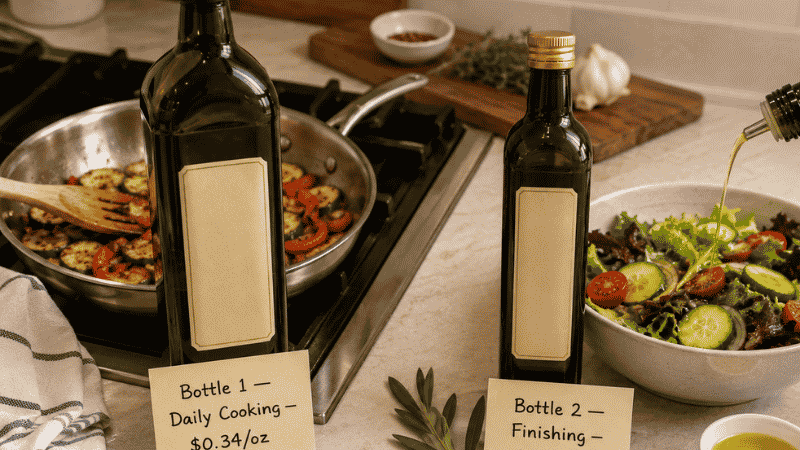 Two olive oil bottles showing the two-bottle cooking system — affordable large bottle for daily cooking beside a hot skillet and smaller finishing bottle beside a salad bowl being drizzled