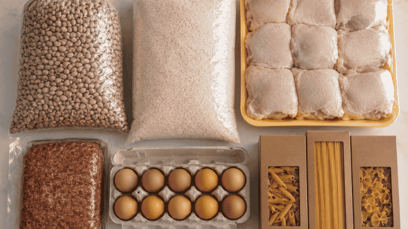 Bulk grocery staples for cheap large family meals laid flat: dried beans, rice, chicken thighs, ground beef, eggs, and pasta — the five anchor ingredients that feed 6 or more for under $12