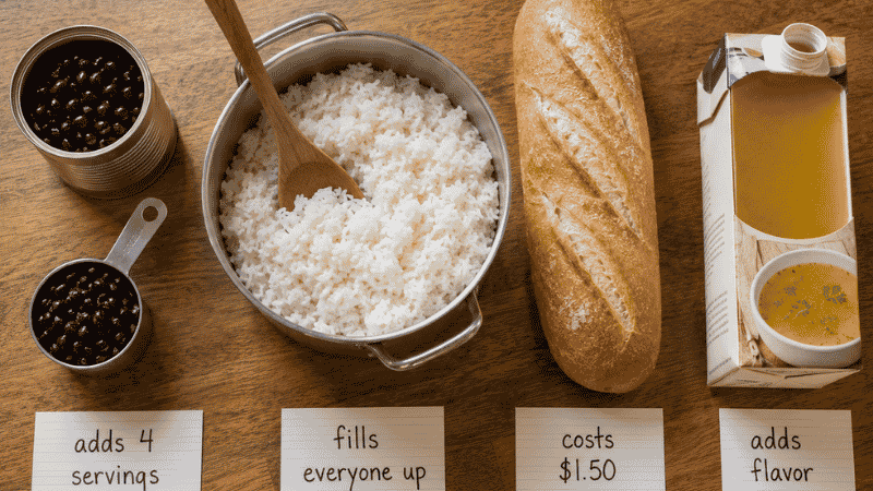 Four meal-stretching ingredients for cheap large family meals: canned beans, cooked rice, French bread, and chicken broth — each labeled with how they extend dinner servings at minimal cost