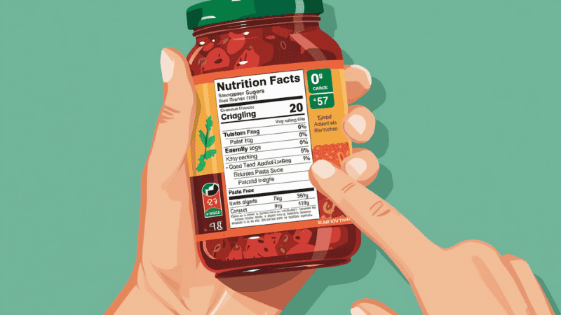 A consumer holding a pasta sauce jar in a grocery store aisle, pointing at the nutrition label to check for 0g added sugar and olive oil ingredients.