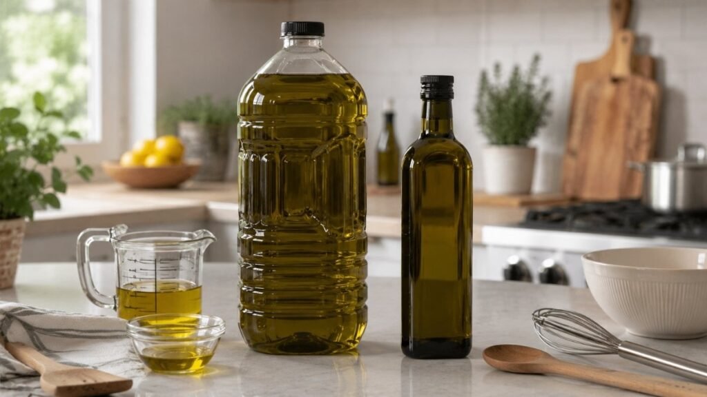 Large Costco olive oil jug beside a smaller bottle showing household usage comparison